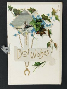 1917 Embossed Die Cut Best Wishes Christmas Booklet String Bound Rough Sea C5