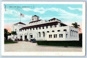 1975 Honolulu T.H. Hawaii Postcard New City Hall Building Classic Cars US Flag
