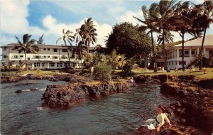 Hilo Hawaii 1950-60s  Postcard Naniloa Hotel Waterfront Pretty Girl