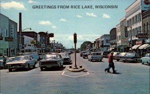 Rice Lake Wisconsin WI Classic 1960s Cars Street Scene Vintage Postcard