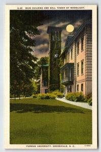 Bell Tower Moonlight Furman University Greenville South Carolina Linen Postcard