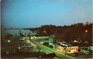 Nick's Seafood Station night aerial - Yorktown, Virginia restaurant postcard