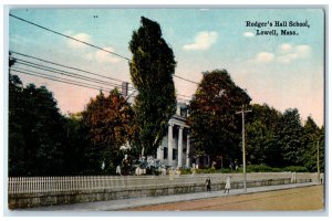 Rodger's Hall School Street Trees Scene Lowell Massachusetts MA Antique Postcard