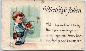 M-39690 Little Boy with Bouquet of Flowers Art Print Greeting Card Birthday T...