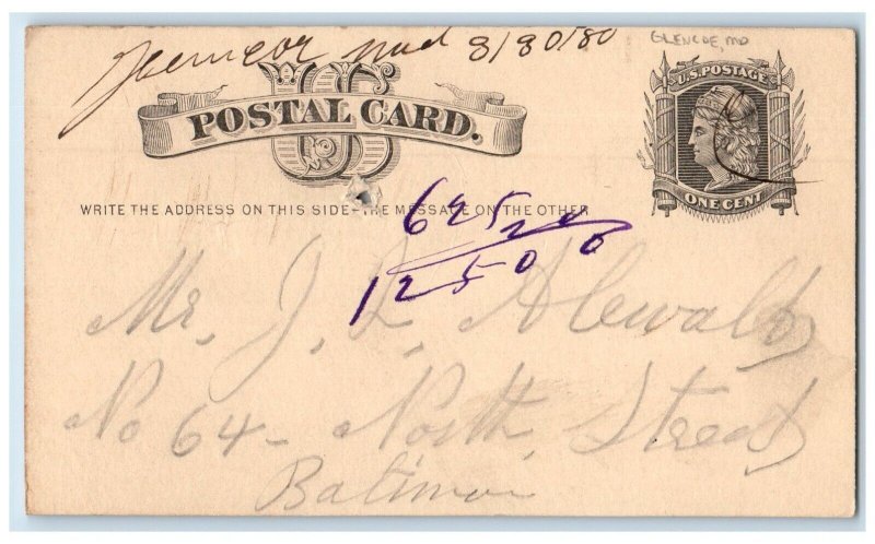 1880 Please Look For It Message Glencoe Baltimore Maryland MD Postal Card