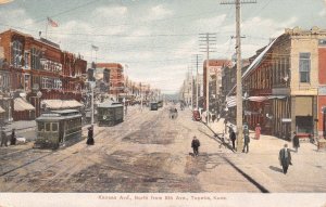 Topeka KS~Kansas Avenue~North at 8th~Busy Trolley Traffic~Patriotic Bunting~1907