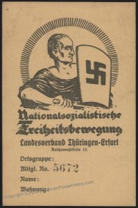 3rd Reich Germany 1924! NSDAP Erfurt Party Membership Card 110744