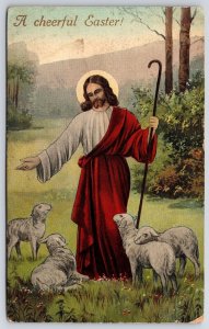 A Cheerful Easter Greetings Card Jesus Shepherd and His Sheep in Field, Postcard