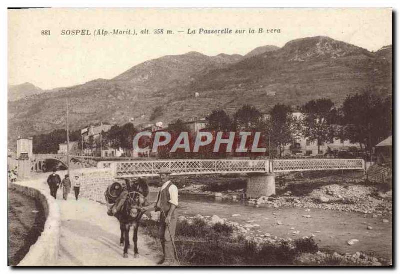 Old Postcard Sospel The Bridge On The Bivera man and his donkey Mule