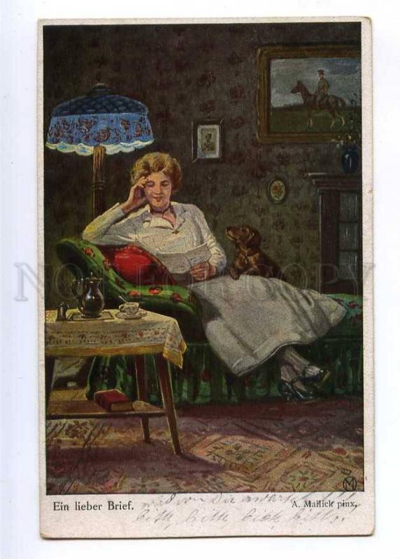 190073 WWI Woman w/ Letter DACHSHUND by MAILICK Vintage PC