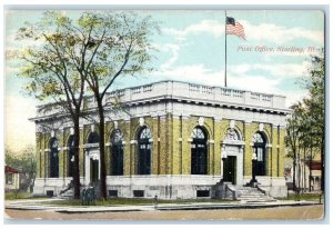 c1920's Post Office Exterior Roadside Sterling Illinois Unposted Flag Postcard