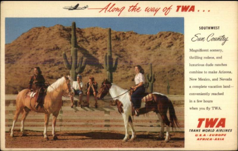 TWA Trans World Airlines Southwest US Women on Horses Linen Adv Postcard