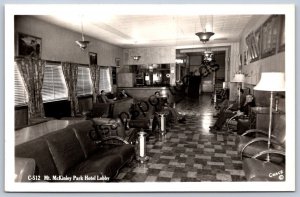 K49/ Mt McKinley National Park Alaska RPPC Postcard c50s Hotel Lobby 492