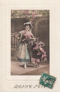 Glamour women portrait early postcard lovely lady fancy dress & flowers