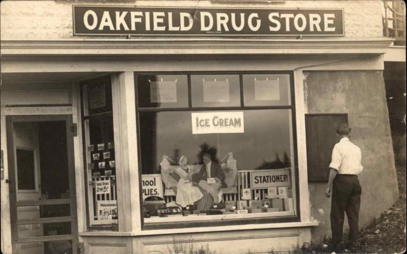 Oakfield ME Drug Store Storefront ICE CREAM DISPLAY c1910 Real Photo Postcard