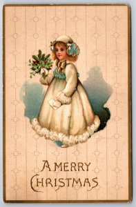 Christmas~Girl In Winter White Fur-Trimmed Coat~Gold Bow~Holly Bouquet~Emb~1910