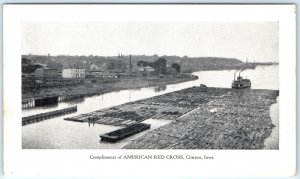 c1910s Clinton IA American Red Cross Mississippi Barge Pushing Logs Postcard A88