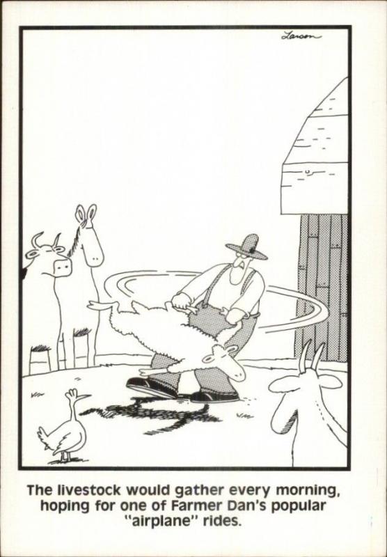 Vintage Gary Larson FAR SIDE 1980s Fantasy Postcard gfz FARMER DAN & SHEEP