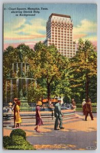 Memphis Tennessee~Court Sq Scene~Fountain~Sterick Bldg~People~Linen 1950 PC