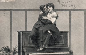 Vintage Postcard 1907 Lovers Couple Hug On Top Of The Piano Sweet Romance