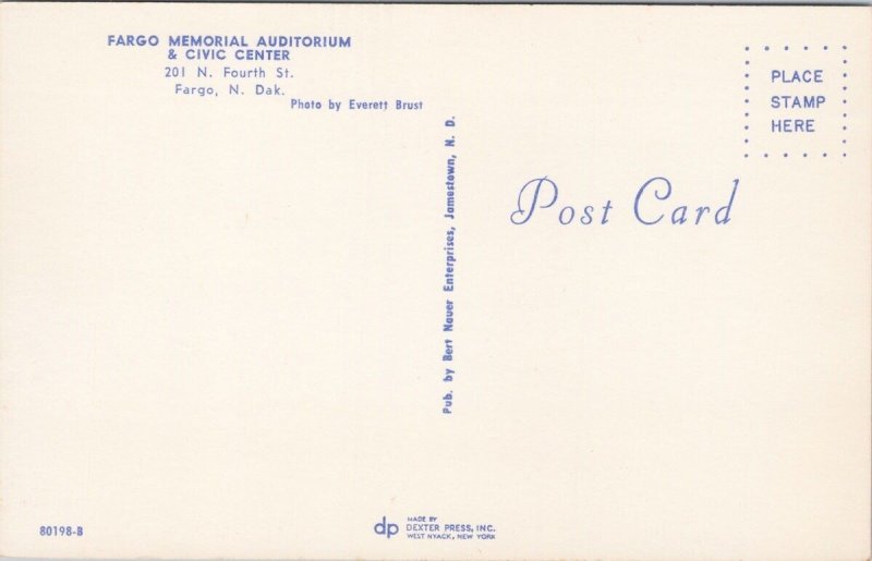 Fargo ND Fargo Memorial Auditorium Civic Center Unused Vintage Postcard H21