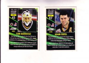 (2) Season Leaders, 1992 93 Score Hockey Trading Cards, Adam Oates, Tom Barrasso