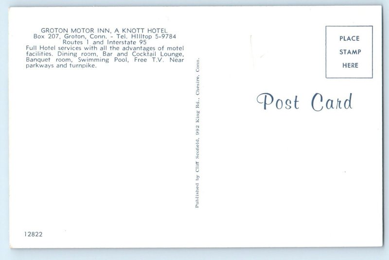 1960 Groton Connecticut Postcard Motor Inn Knott Hotel Hilltop Pool Building