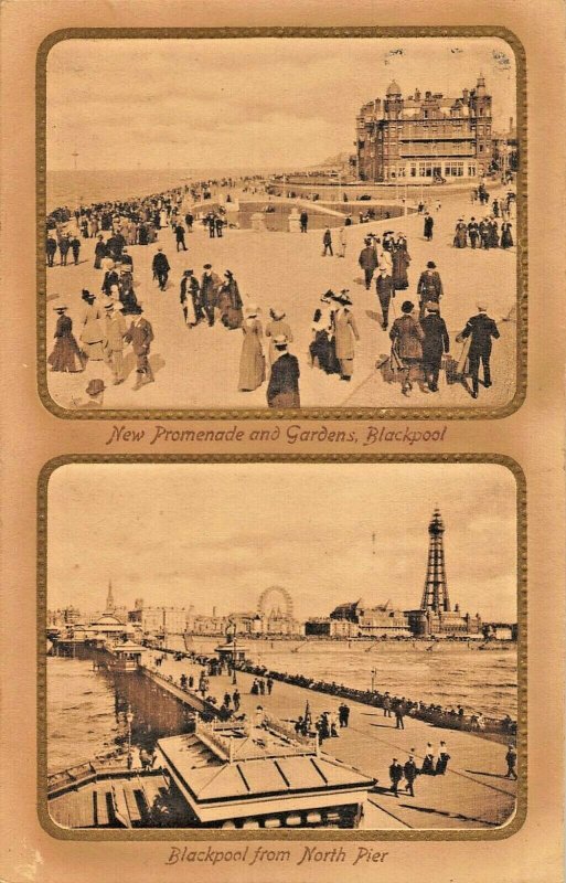 BLACKPOOL LANCASHIRE ENGLAND~DOUBLE VIEW~PIER + PROMENADE-1912  PHOTO POSTCARD