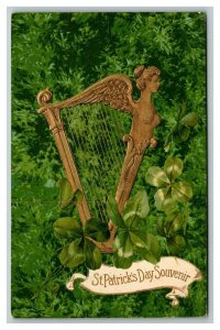 Vintage 1910's Winsch St. Patrick's Day Postcard Gold Harp 4 Leaf Clovers Green