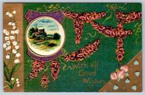 With All Good Wishes, Rural Scene, Lily Of The Valley, Garland, Vintage Postcard