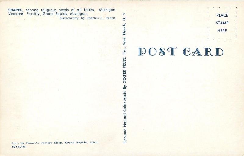 Grand Rapids Michigan~Veterans Facility Chapel~Interior~1950s Postcard