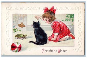 1914 Christmas Wishes Girl Playing Toy With Cat Embossed West Auburn MA Postcard
