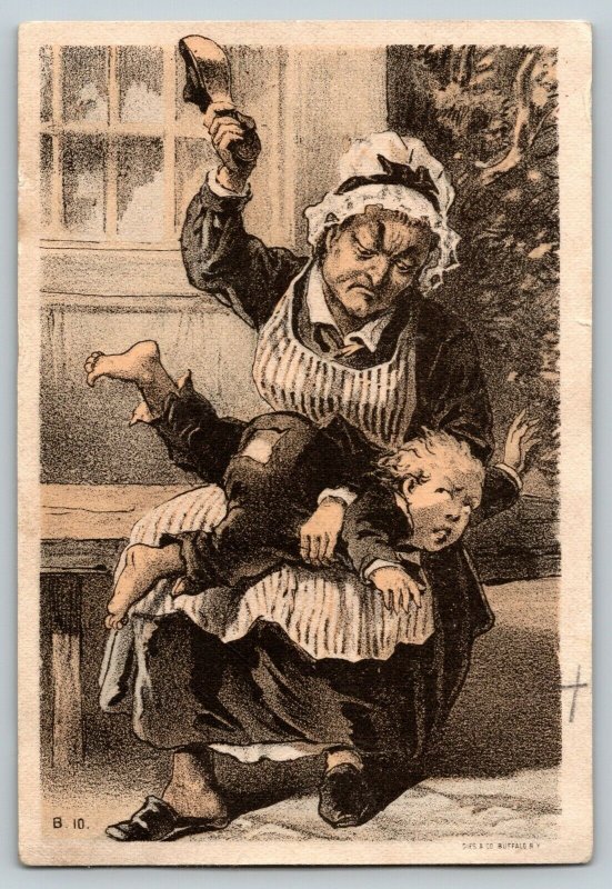 Antique 19th Century 1800s Trade Card Woman Spanking Boy With a Shoe Gies & Co 