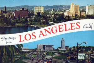 VINTAGE CONTINENTAL SIZE POSTCARD 1960s GREETINGS FROM LOS ANGELES CALIFORNIA