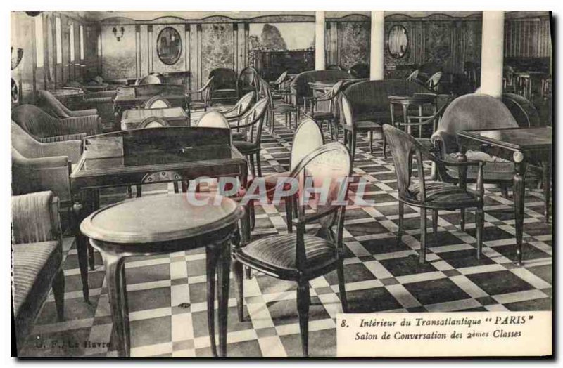 Old Postcard Boat Ship Interior of the Paris Transatlantic Conversation Salon...