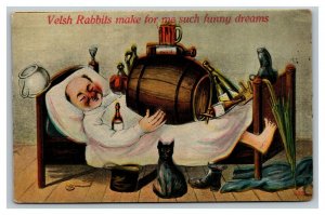 Vintage 1910 Comic Postcard Drunk Man in Bed - Large Keg Bottles Beer Cute Cat