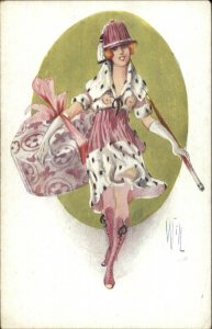 Beautiful Woman Semi Nude Shopping WILL Pink Outfit & Box Glamour Postcard