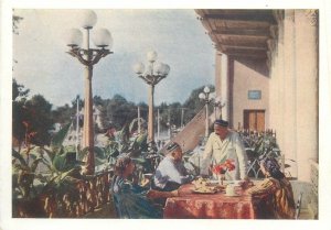 Postcard Tadjikistan Tajik SSR Stalinabad tea house ethnic types and scenes