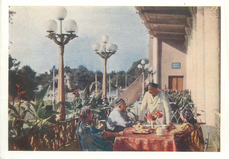 Postcard Tadjikistan Tajik SSR Stalinabad tea house ethnic types and scenes