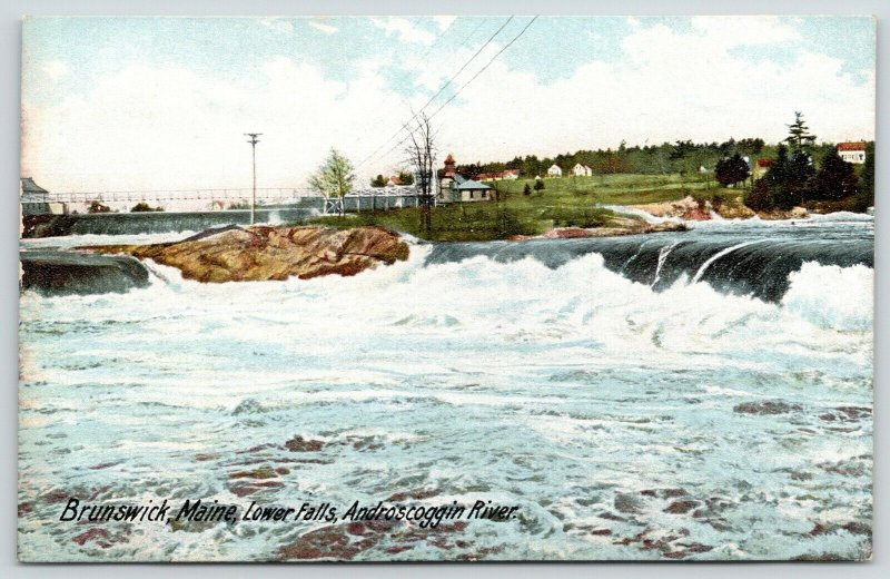 Brunswick Maine~Androscoggin River~Lower Falls~Rocks~Buildings on Riverbank~1905 