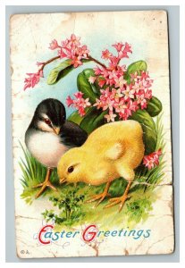 Vintage 1910's Easter Postcard Cute Chicks Nice Pink Flowers Fine Lettering