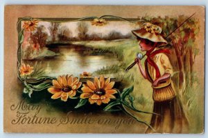 Stewart MN Postcard Woman With Fishing Rod May Fortune Smile On You Embossed