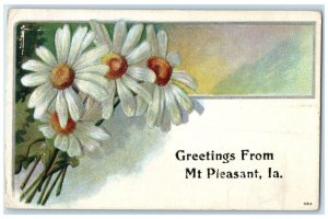 1911 Greetings From Flower Embossed Mt. Pleasant Iowa Vintage Antique Postcard