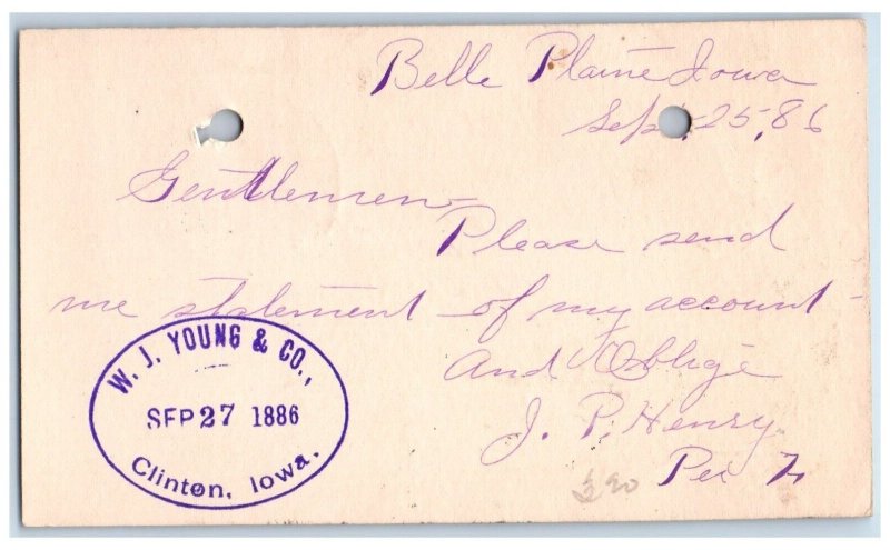 1886 Statement of Account Belle Plaine Iowa IA Clinton IA Postal Card