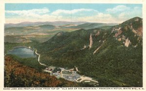 Vintage Postcard Echo Lake And Profile House From Top Of Old Man Of Mountain NH