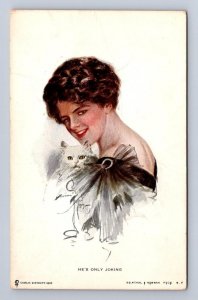 HE'S ONLY JOKING CAT GLAMOUR ARTIST SIGNED HARRISON FISHER POSTCARD SERIES 108