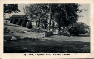 Postcard ON Welland Log Cabin in Chippawa Park Old Car RARE 1944 K7