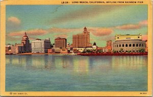 Long Beach California CA Skyline Rainbow Pier Linen Postcard VTG UNP Unused 