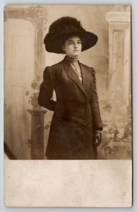 RPPC Lovely Woman Large Hat Black Gloves Jewelry Studio Photo Postcard G27