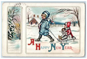 c1910's New Year Children Sled House Winter Scene Prosser Washington WA Postcard